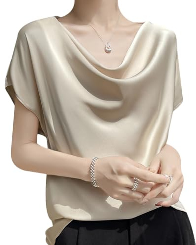 Camicette in raso da donna a maniche corte in seta con collo ad anello, camicette estive casual, Champagne, 12-14
