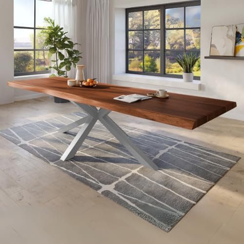 trelevo Esszimmertisch 300x110 cm, Akazienholz massiv 50mm, Tischplatte nussbaumfarben, echte Baumkante, Spider Gestell Silber, Baumkantentisch