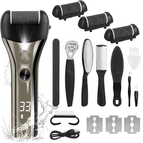 Hornhautentferner Elektrisch,Pediküre set Fußpflege Elektrisch mit 3 Ersatzrollen,IPX7 Wasserdichte,Elektrischer Hornhautentferner mit LED-Anzeige & Licht