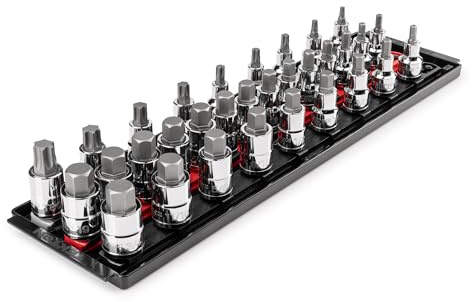 TEKTON 1/2 Inch Drive Hex/Torx Bit Socket Set with Rails and Tray, 32-Piece (1/4-3/4 in., 6-19 mm, T30-T80) | SHB92203