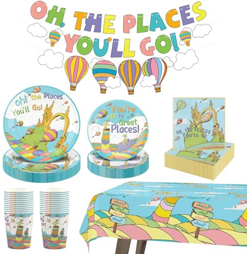 Arosche Oh The Places You'll Go Decorations Set for 24-Disposable Paper Plates, Napkins, Cups, Garland and Tablecloth Tableware Party Decor for Kindergarten Preschool Graduation Party Supplies