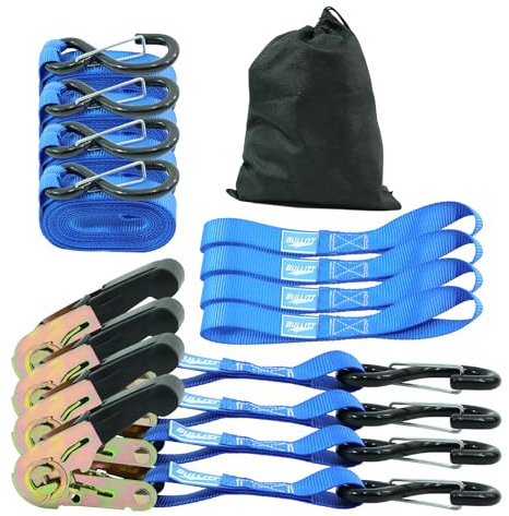 BULLITT 4Pk Ratchet Tie Down Straps Set with 750KG Break Strength,4x 25MM*4.57M Adjustable Ratchet Straps with S Hooks Iron Handles+4x 26.4CM Soft loops for Motorcycles/Cargo/Car Roof/Household-Blue