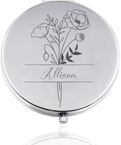 Rainsar Personalisierter Kompaktspiegel mit Gravur Geburtstagsblume&Initialen, Taschenspiegel Klappbar Hochzeitstag Valentinstag für Damen und Mädchen