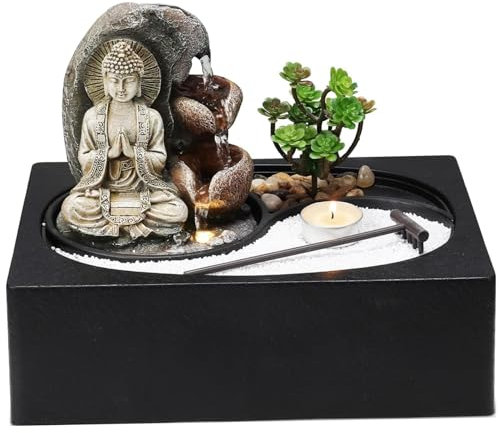 Fuente de Cascada para Interiores Fuente de Agua LED de Escritorio con Arena Zen para Interiores con Buda Fuente de meditación para Interiores para el hogar y la Oficina