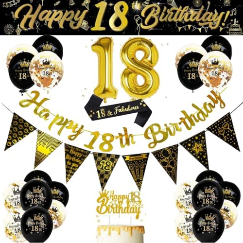 18th Birthday Decorations for Women & Men – Black and Gold Party Supplies with Happy Birthday Banner, 32 Inch Gold Number Balloons, Confetti Balloons, Sash, Cake Topper & Wall Banner