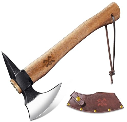 Beil Axt Wikinger - Handgeschmiedet Outdoor Survival Axt mit Leder Holster Carbonisierte Holzgriff für Camping und Wandern Long