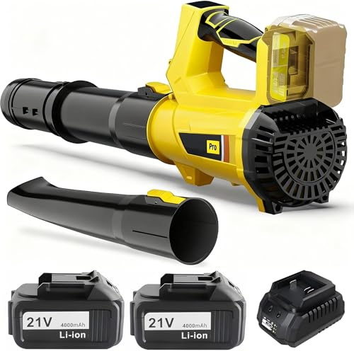 Leaf Blower Cordless, 21V Garden Blowers with 4.0Ah Battery and Charger, 20,000RPM, 273Km/h, 6 Speed Mode, LCD Power Display＆Shoulder Strap for Lawn Care, Patios (With 2x Battery)