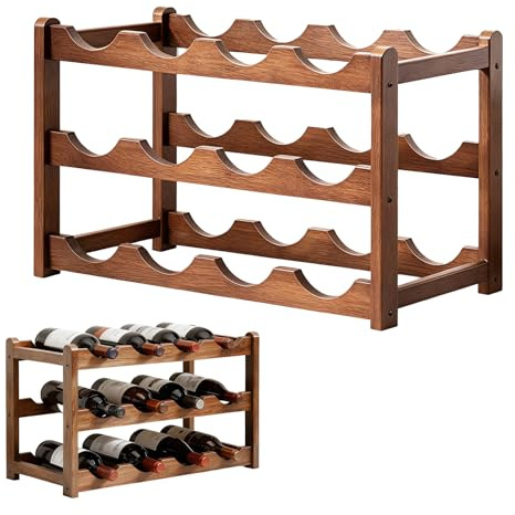 ORARTMM Dreistufiges Weinregal Holz,Flaschenregal,Stapelbares Flaschenregal für 12 Flaschen, Dunkle Oberfläche, Geeignet für Weinschränke, Küchen, Weinkeller und zur Aufbewahrung von Glasflaschen.
