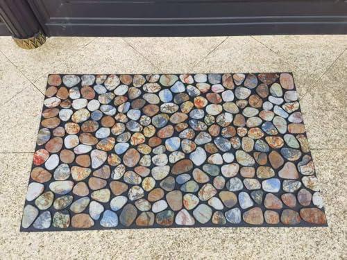 Timerala Cobblestone Flocked Doormat, Indoor Outdoor Entrance Mat with Non-Slip Backing, Decorative Pebble Design, Heavy Duty Welcome Mat，Size 44 * 72.5cm，Natural Rubber Backing
