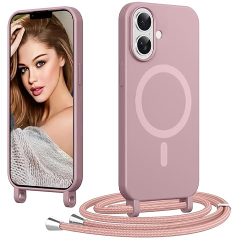 Coiwxmoi pour iPhone 17 avec Cordon, [Compatible avec MagSafe] Magnétique Coque Ultra Mince Souple TPU Silicone Étui Housse avec Collier Lanyard Lanière en Corde Case Camera Antichoc, Rose
