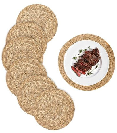 MerwDeeyt 6Pcs Round Woven Placemats 25cm Heat Resistant Place Mats | Braided Wicker Table Mats, Braided Wicker Tables Mat, Kitchen Dining Table Mat, for Dining Tables, Party, Wedding