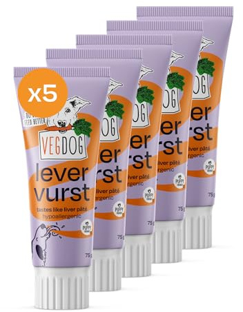 VEGDOG Levervurst vegetabiliskt, allergivänligt mellanmål att svälja (5 x 75 g) | hjärtligt slicksnack med rökt paprikapulver | lämpligt för allergiker och valpar