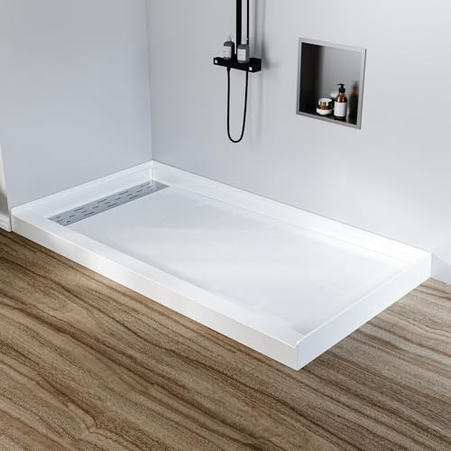 Shower Base 60 x 32 Non-Slip SMC Shower Pan, Left Drain with 304 Stainless Steel Square Drain Cover, Single Threshold Floor Shower Tray Kit for Easy Installation, White