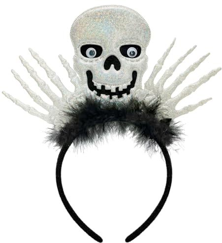 TrendandStylez Lustiger Skelett Haarreif mit Glitzer & Wackelaugen | Halloween Kopfschmuck mit Federn | Gruseliges Kostüm Accessoire für Damen, Herren & Kinder