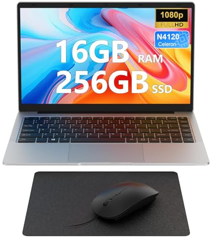 Laptop 14 inch, 16GB DDR4 256GB SSD, Quad-Core N4120, FHD 1920 * 1080 Display, 5GH WIFI, USB 3.0, HDMI, Expandable Storage, Win11 Portable Notebook PC for Work/Study, Mouse and Mous Pad included