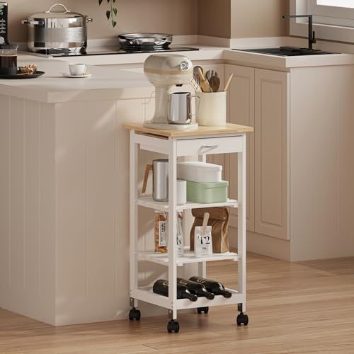 [en.casa] Carrello da Servizio Portaoggetti a Rotelle con 3 Ripiani e Cassetto Carrello Portatutto Multiuso Griglia Portabottiglie per Cucina Sala Bagno 76x37x37 cm - Bianco/Effetto Legno