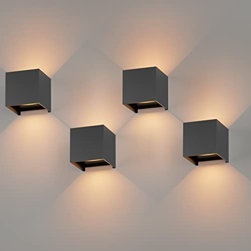 K-Bright 4 Pack Wandleuchte Innen/Außen 12W Aussenlampe Auf und ab Einstellbarer Lichtstrahl Warmweiß 3000K LED Außenwandleuchte IP65 Wasserdichte Wandleuchte Dunkelgrau