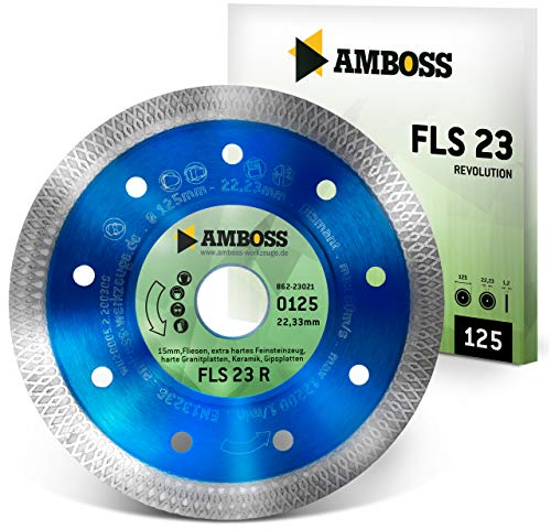 Amboss Diamant Trennscheibe FLS 23R | Ø 125 mm x 1,4mm x 22,23 mm - extra dünne Diamant-Trennscheibe - Fliesen, extra hartes Feinsteinzeug, harte Granite, Keramik | Segment: 10 mm