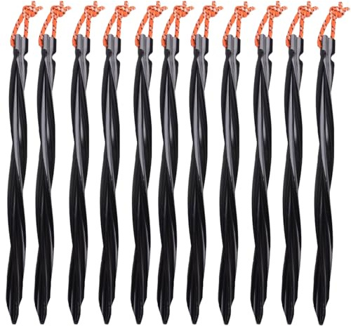 Azarxis Aluminum Tent Stakes Pegs Heavy Duty Lightweight for Camping Sand - 10 Pack (Black - Spiral - 9.84 Inches)