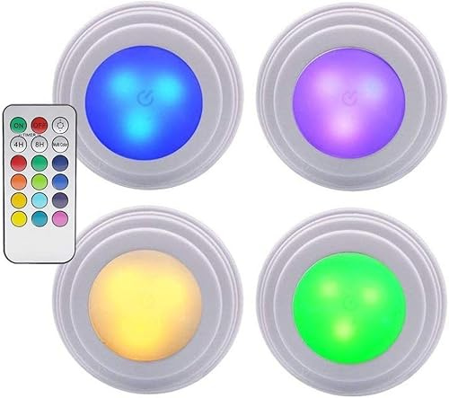Set 4 Faretti LED Wireless Adesivi Luce Faretto con Cambio Colore Timer e Telecomando per Controllo a Distanza