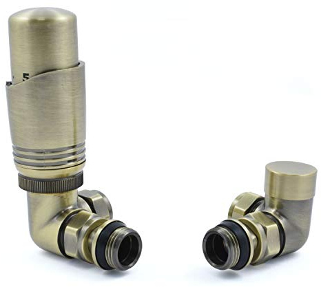Hot Flow Antique Brass Cascade Corner Modern TRV Thermostatic Radiator Valve (Pair) Includes A Corner TRV Body & One Lock Shield. for Quick & Easy Temperature Control. Perfect for Energy Saving.