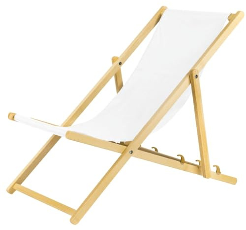 BAS Liegestuhl klappbar aus Holz - weiß Leichte Klappliege - Faltbare & verstellbare Sonnenliege für Garten, Strand & Balkon - Gartenliege mit Atmungsaktiv Stoffbezug - Mischgewebe