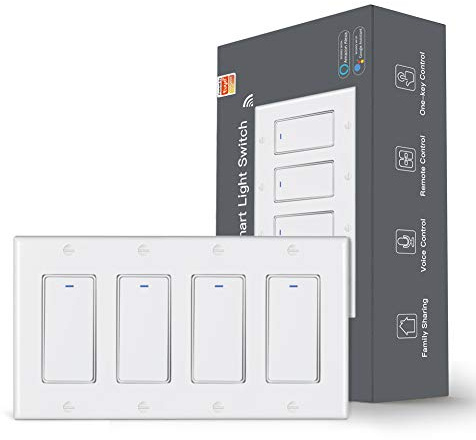 MoesGo WiFi Wall Push Button Smart Light Switch,Multi-Control, 2.4GHz WiFi Light Switches, Neutral Wire Required,Remote Control Smart Life/Tuya, Work with Alexa,Google Home White 4 Gang