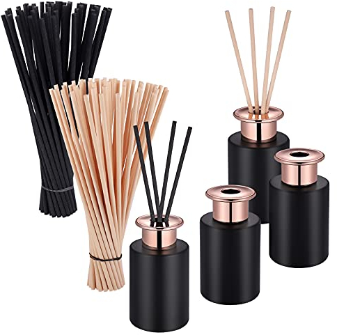 JIZZU 4Pcs Black Reed Diffuser Bottles Empty with 100 Dry Vine Diffuser Reeds Sticks (Black & Beige), 100ml Empty Diffuser Bottle for DIY Replacement Reed Diffuser
