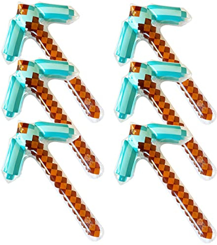 Inflatable Diamond Pickaxe - Mine Pixel Craft - Blow Up Birthday Party Favors - Gift Bags - Pool Parties & Backyard Fun - for Boys & Girls - 6 Pack