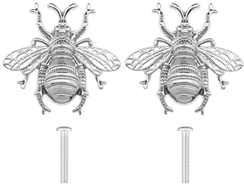 VGOL 2 x Metal Knobs with Bee Motif Pull Handles with Screws for Cupboard Wardrobe Kitchen Cupboard Door Chest of Drawers Silver