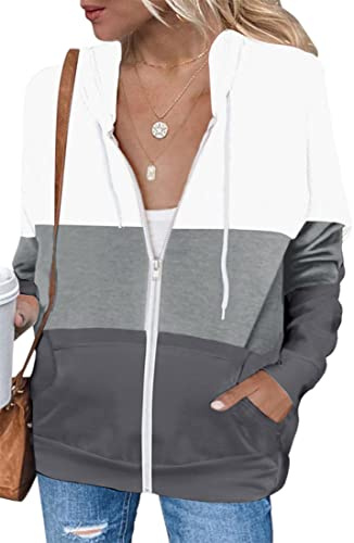 EUDOLAH Felpa di Blocchi Donna di Colore con Cappuccio e Zipper Cappotto Casual Ragazza Autunno Primavera S,Bianco