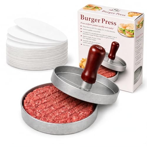 Kyto Burgerpresse Edelstahl-Qualität Aluminium - Patty Presse & Smash Burger Set mit Holzgriff, 11,5 cm Durchmesser, inklusive 50 Blatt Backpapier