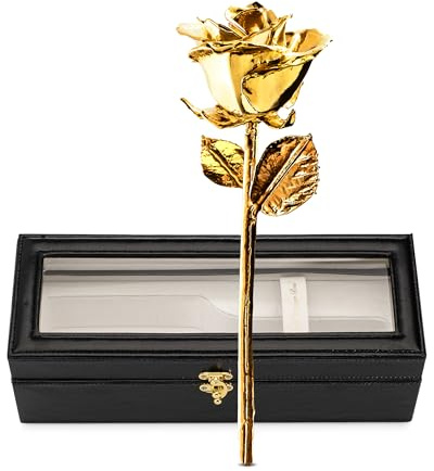 Forever Rose Rose véritable trempée en or 24 carats - Fait à la main - Fleur préservée durable dans un étui en cuir - Cadeau romantique pour anniversaire, Saint-Valentin, fête des mères, anniversaire
