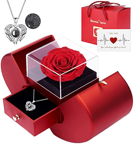Firestyle Preserved Real Rose Gifts for Women,Mum,Wife,Eternal Flowers Rose with I Love You Necklace in 100 Languages,Gifts for her on Birthday, Anniversary, Valentine's Day, Mother's Day, Christmas