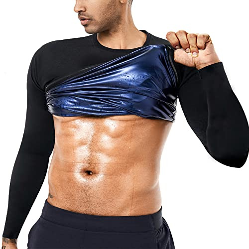 BODYSUNER Sauna Sweat Suits Shirt Waist Trainer for Men Compression Vest Workout Gym Clothes Sweat Enhancer Long Sleeve, Blue, L