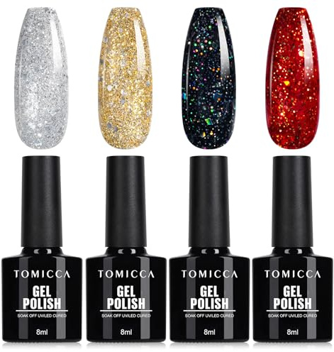 TOMICCA UV Nagellack Glitzer Set, 4 Farben Rot Weiß Schwarz Glitter Gel, Soak-Off UV/LED Schellack für Nagelstudio und DIY Maniküre zu Hause, 8ML