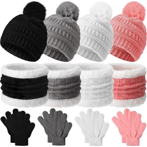Liitrsh 4 Sets Kids Hat Gloves Scarf Set Winter Girls Toddler Beanie Knit Hat Neck Gaiter Snow Gloves Outdoor for Toddler(Cute Colors)