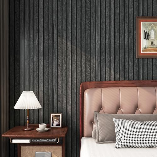 FunStick Klebefolie Möbel Holzoptik Schwarz Folie Selbstklebend Küche Schrankfolie Abnehmbare 60CM×5M Tapete Schwarz Grau Wandpaneele Selbstklebend Holz Küchenfolie Arbeitsplatte Holzoptik Möbelfolie