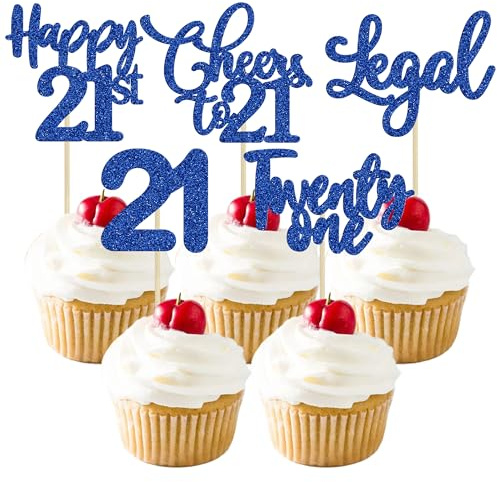 30 Pack Happy 21st Birthday Cupcake Toppers Dark Blue Glitter 21 Fabulous Cheers to 21 Years Old Birthday Cupcake Picks for Happy 21st Wedding Anniversary Party Cake Decorations