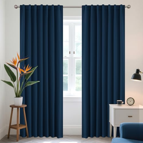 Joydeco Gardinen Blickdichte Vorhänge mit Schlaufen Verdeckten Marineblau | 2er Set,H225 x B140 cm,Verdunklungsvorhänge für Schlafzimmer und Wohnzimmer,Hitzeschutz Thermovorhang,UV-schutz
