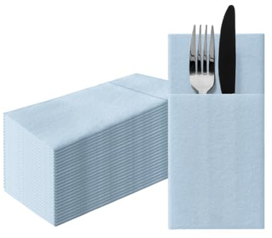 PAW Stoffähnliche Besteckservietten 1/8-Falz, 25 Stück - Hellblau | Fertig gefaltete Bestecktasche zum schnellen Eindecken, aus Airlaid-Material, reißfest, für Hochzeit, Kommunion und Taufe