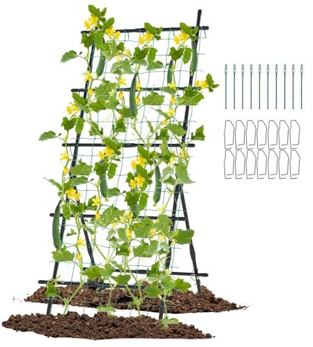 COSTWAY 31 x 79 Inch Cucumber Trellis, A-Frame Metal Garden Trellis with Netting, Clips & Ties, Rustproof Plant Grow Support Stand Trellis for Climbing Plants Vegetables Tomato Flowers