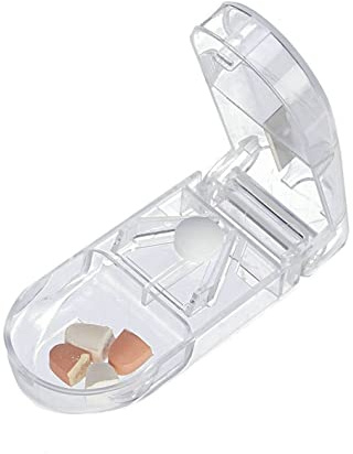 Taglia Pillole, Affettatore di Pastiglie, Tagliapillole con Lama in Acciaio INOX Sistema di Sicurezza, V Dividi Pastiglie per Farmaci Piccole Compresse, con Portapillole (Trasparente)