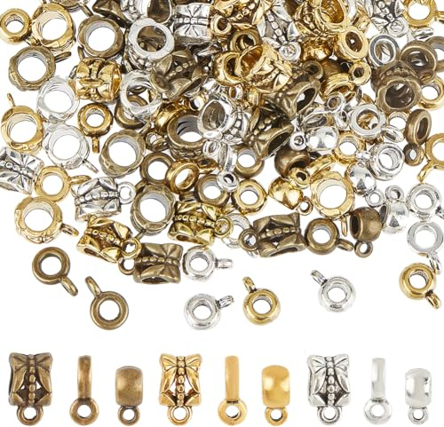 SUNNYCLUE 1 caja 180 piezas 9 estilos Cuentas de Tubo de Fianza Enlaces Cuentas de Fianza Dijes Deslizantes Colgador de Bucle Colgante de Plata Tibetana Antigua Conector Dorado Cuentas de Co