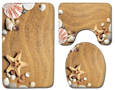 Bad Teppiche Set 3-Teiliges Gelbe Strandmuschel WC Vorleger Mit Ausschnitt Badematte Saugfähig WC Deckelbezug Badvorleger rutschfest Waschbar Toilettensitzbezug Badgarnitur (50x80cm)