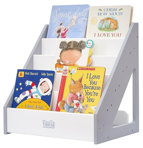 FUNLIO Montessori Bookshelf for Toddlers 1-5 Years, Front-Facing Kids Bookshelf with Handle & Anti-Tilting Device, Premium Pine Baby Bookshelf, Children's Bookcase for Nursery/Classroom - Grey & White