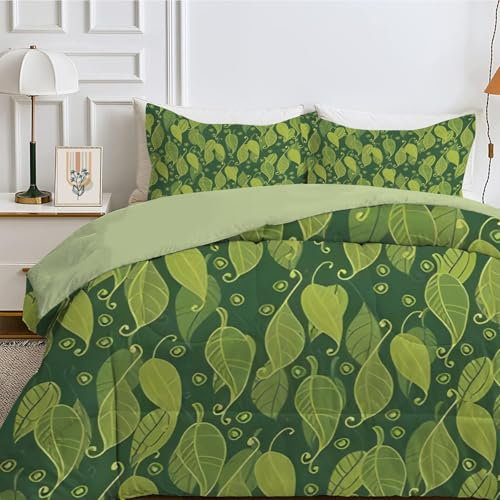 Qiwagu Bettdecke 135x200 4 Jahreszeiten, Wende Pflanze Blatt Steppdecke Waschbare, Bettdecke ohne Bezug Nutzbar, Leicht Weiche Schlafdecke 200GSM, Ganzjahresdecke GrüN mit 1 Kissenbezug (ohne Kissen)