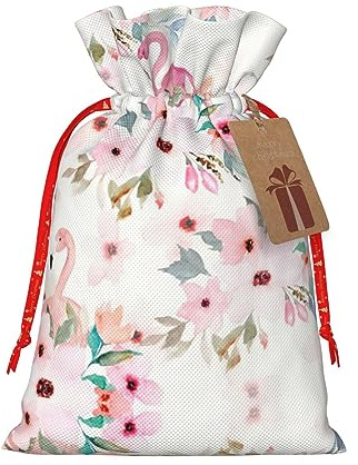 HJLUUFT Weihnachts-Geschenktüte mit Blumenmuster und Flamingo-Druck, mit Kordelzug und Geschenkanhänger, Jutebeutel, Hochzeit, Weihnachten, Partyzubehör