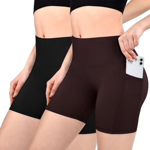 Sanpetix 2 Pack Radlerhose Damen mit Taschen Sporthose | Sporthose Damen Kurz für Gym, Zwei Taschen, Weicher, Dehnbarer Stoff, Ideal zum Radfahren, Laufen und für den Alltag