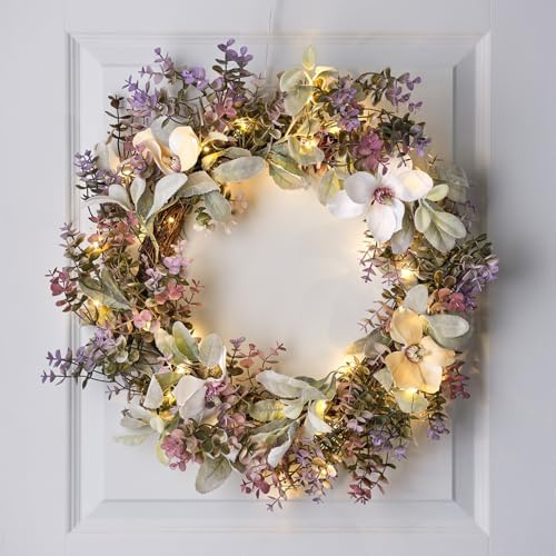 Lights4fun Künstlicher Blumenkranz beleuchtet mit LEDs Türkranz Frühling Ostern Sommer Trockenblumen Fenster Tisch Deko hängend Innen 60 cm